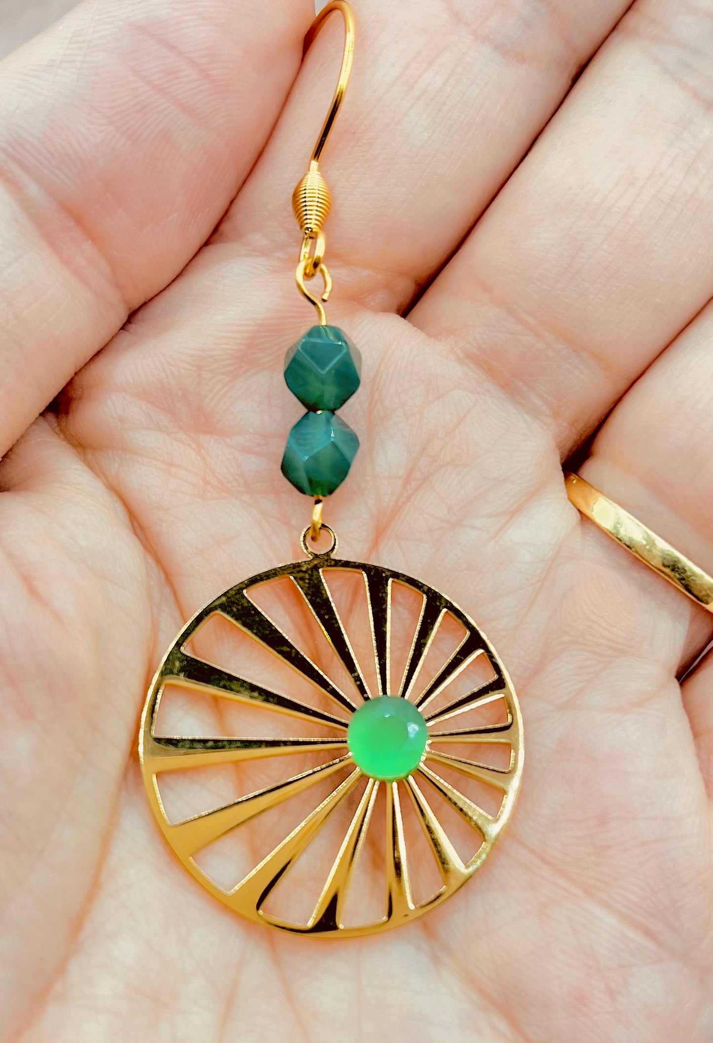 Boucles d'oreilles soleil doré Agate verte