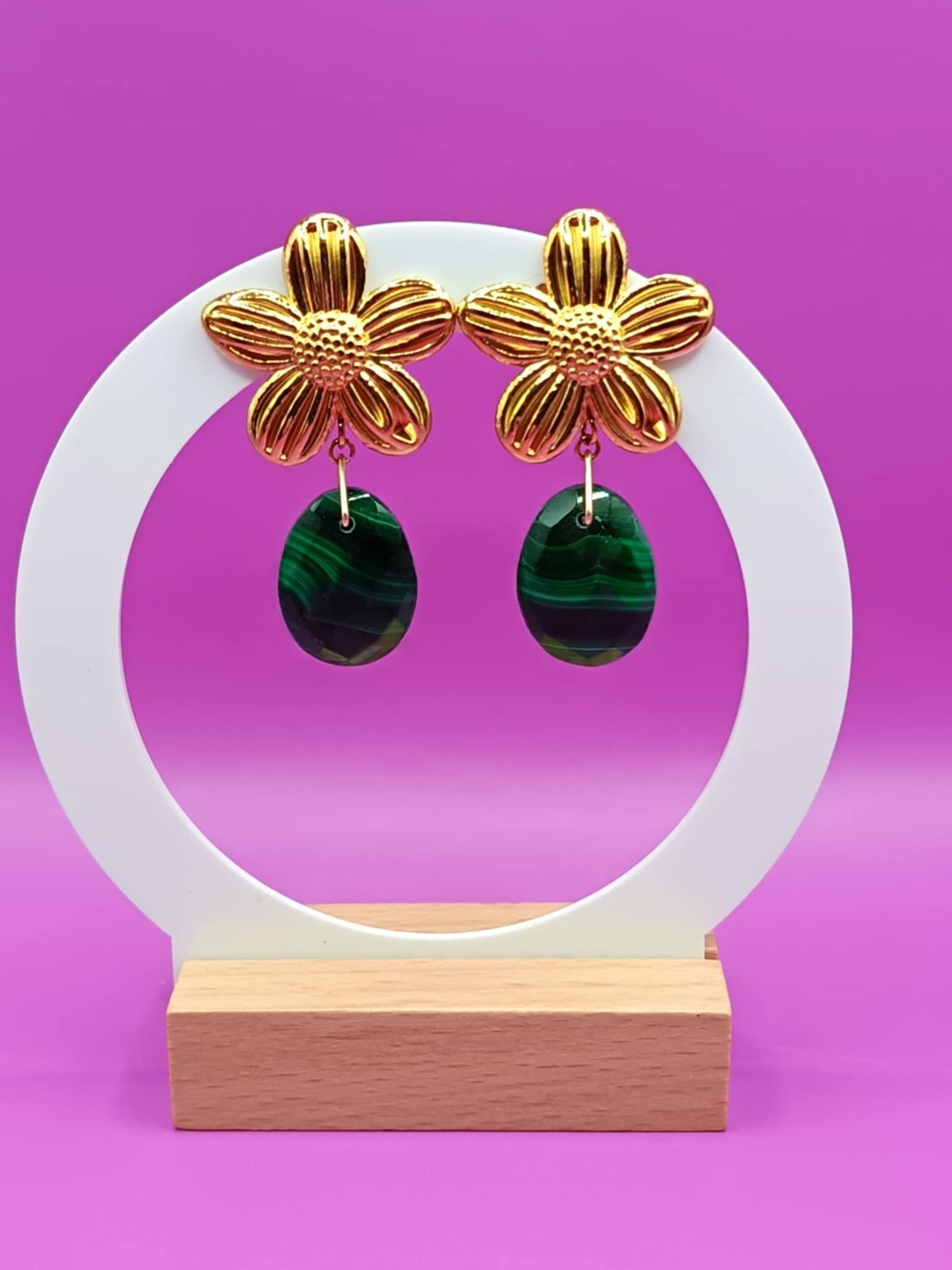 Clips d'oreilles dorés fleur & Malachite