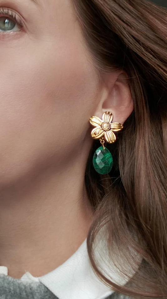 Clips d'oreilles dorés fleur & Malachite