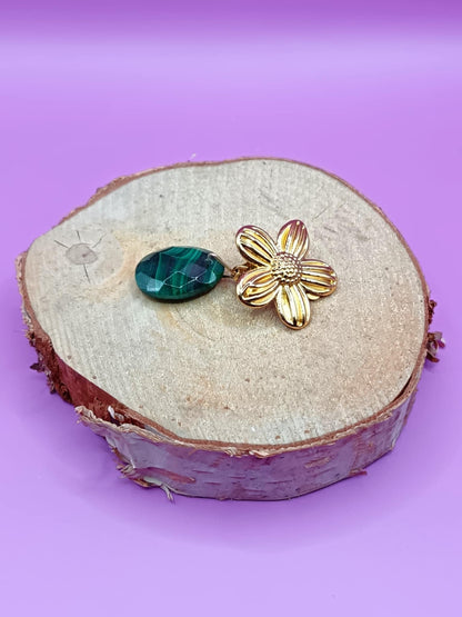 Clips d'oreilles dorés fleur & Malachite