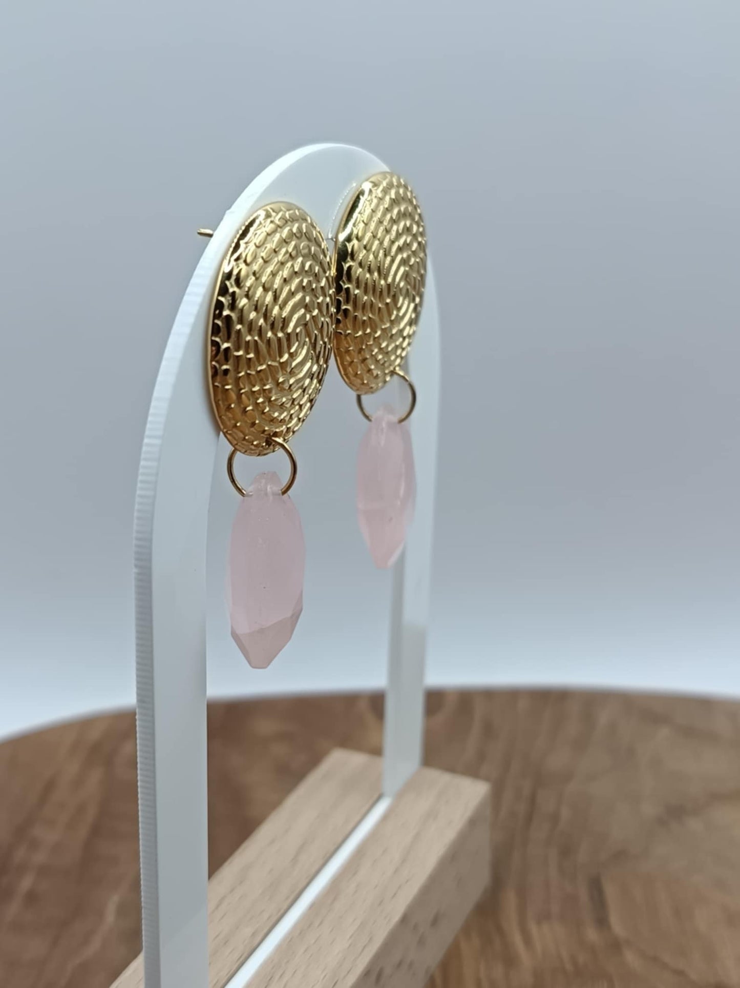 Clous d'oreilles panier & Quartz rose