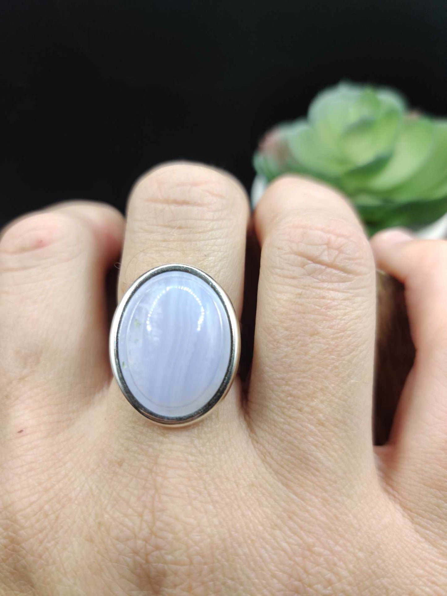 Bague argent 925 & Agate dentelle bleue XL