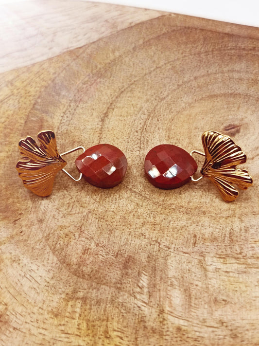Clous d'oreilles Ginko dorés et Jaspe rouge