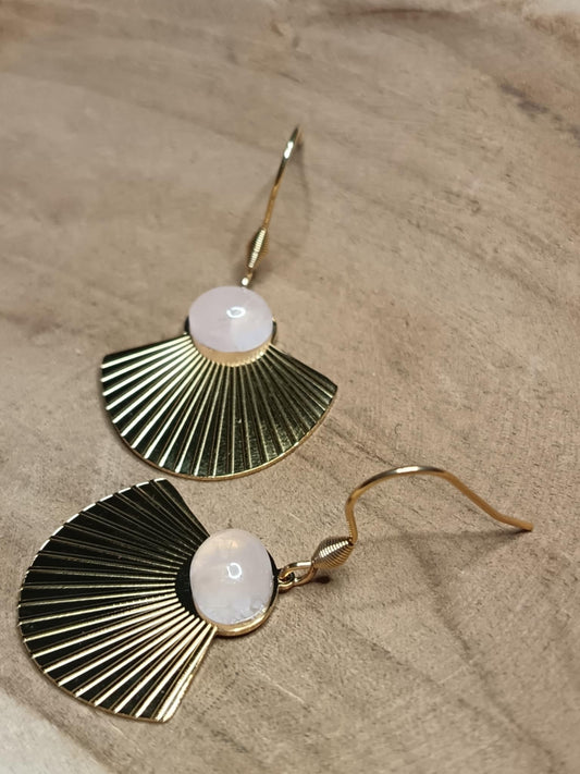 Boucles d'oreilles ethniques plissées & quartz rose