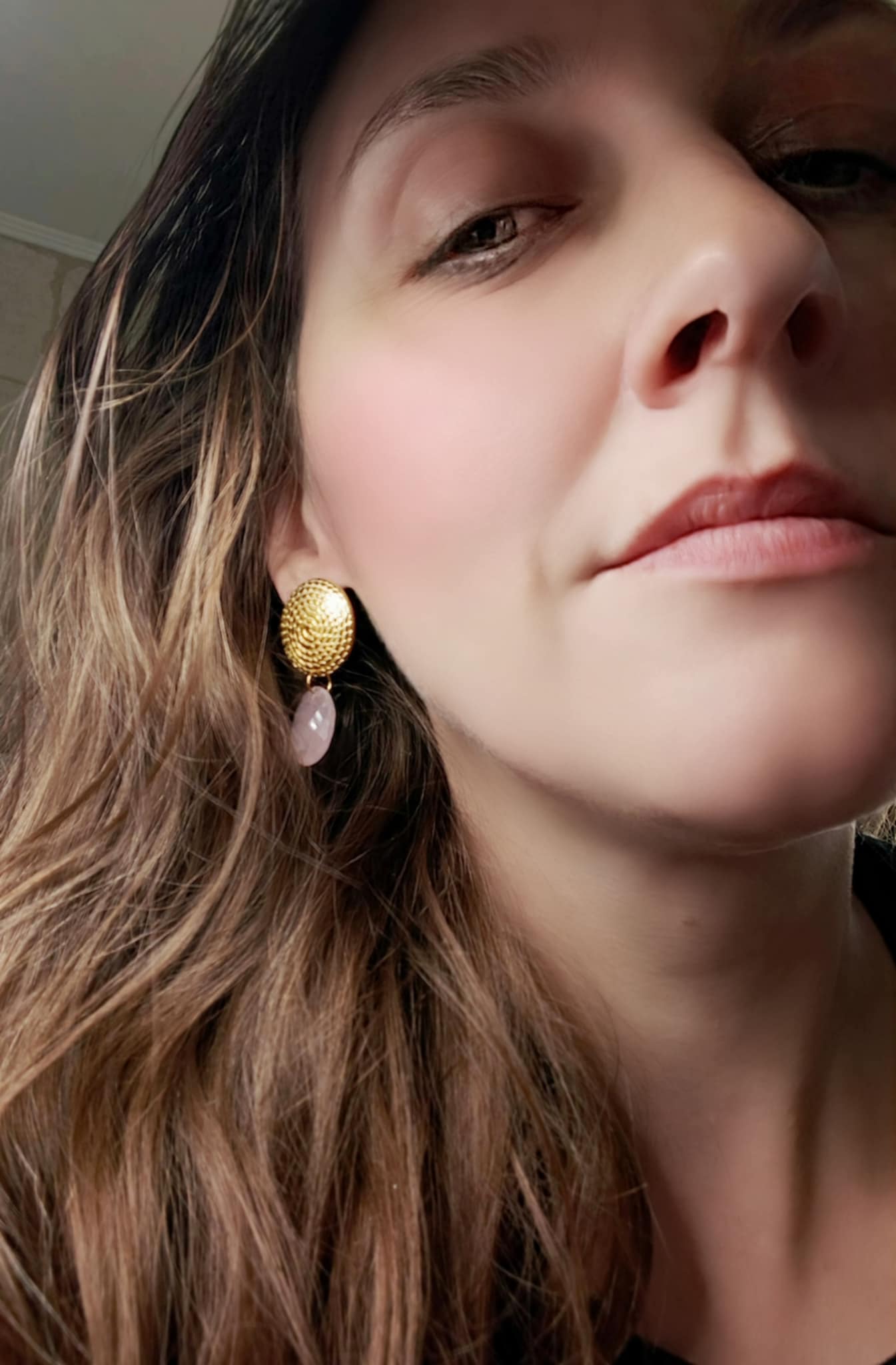 Clous d'oreilles panier & Quartz rose