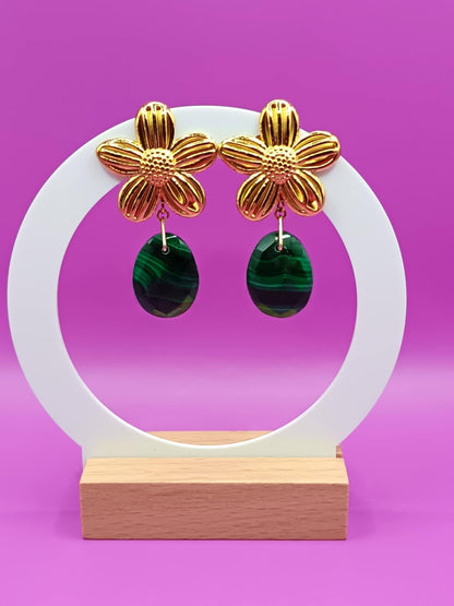 Clips d'oreilles dorés fleur & Malachite