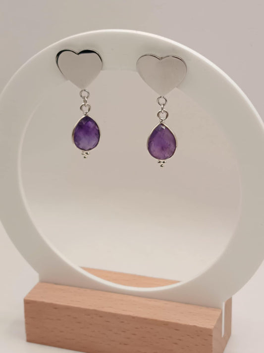 Clous d'oreilles coeur brillant & améthyste